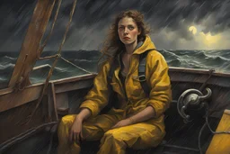 Style C215, young woman worried at the big helm ride a fishing boat in the midst of a stormy moon at sea. Wet under the rain, with a yellow oilskin and a fisherman's salopette. High waves, splashes of water, sky with black clouds and lightning, look in camera, add shadows and reflections, highly detailed, vibrant, production cinematic character render, hyper-realistic high-quality model, HDR, 3d, 8K, ultra high quality, wide angle lens.