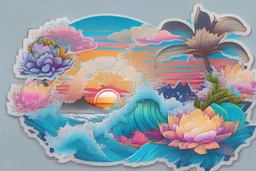 seamless sticker, artwork of surf t shirt graphic of majestic lotus flower and palm tree in digital painting style, beautiful flowers, sunrise mountains and clouds , big sea waves, water splashes, white background, colorful fantasy flower sorround, highly detailed clean, vector image, photorealistic masterpiece, professional photography, realistic, flat white background, isometric, vibrant vector, clipart, illustration, realism, 4k, , cinematic, front view, white background, seamless sticker of