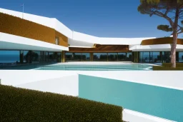 algarve in quinta do lago, one straight line building of 250 meters long pool, modernistic luxury architecture with wood and gold metallic pergolas with pool on rooftop, on a slope with pinus pinea, a road wrap around for low speed veicular road