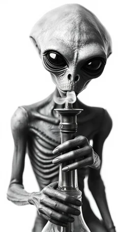 Get An old picture style of black and white mono very bad quality looks very old camera picture of an alien smoking from a hookah o tube connected to it, all white background , year 1900