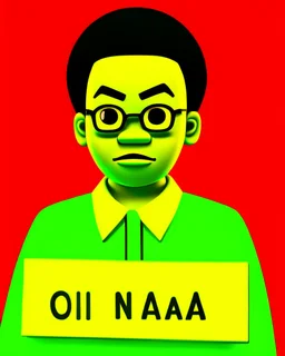 A 3D animated character with a round face, prominent eyes, and a small, protruding tongue. He is wearing glasses, a green jacket with a yellow collar, and a badge on his jacket that reads 'IKENGA Obodo Oma!'. He holds a black signboard with white text that reads 'OGA MAN COMEDY'. The character is positioned against a red background.