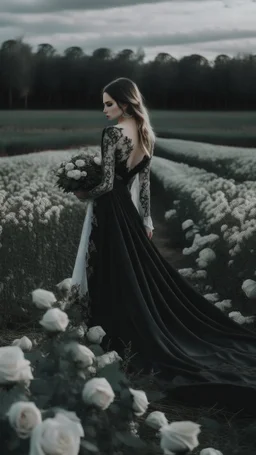 black lace scarf and dirty wedding dress in a field of white roses.cinematic picture