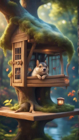 magazine cover, portrait of sleepy dog bug squirrel in a tree house in wonderful enchanted magical forest by river,bokeh like f/0.8, tilt-shift lens 8k, high detail, smooth render, down-light, unreal engine, prize winning