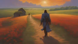 The wanderer, the god of protection. walking on a road through farms and fields. walking towards point of view. concept art, intricately detailed, color depth, dramatic, colorful background. Painted by Michael Whelan