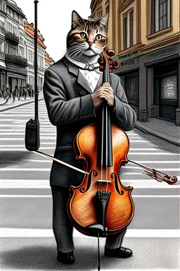 One single mature cat playing violin on the street, Vienna, friendly, model style, hyper realistic, extremely accurate, delicate, extremely detailed, Graphic novel style, wide-angle, open aperture, superfine pencil