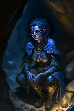 Dnd character kneeling in a dark cave. A female Moonelf twilight cleric with super curly, super short, dark blue hair and golden eyes, wearing gray and dark blue robes. With tattoos. Muscular, broad.