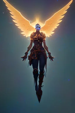 flying angel, pale, starry night, golden glow, majestic, heroic, steampunk