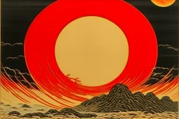 A light red blazing sun with a fiery planet designed in ancient Egyptian pottery painted by Utagawa Hiroshige