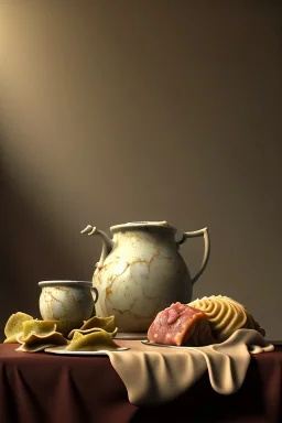 renaissance style still life composite, dish of Raviolis with cow meat, vine cup, olive oil. moisture, art, natural, ornaments, ceramic, marble, high kitchen, smooth, god rays, unreal engine 5, ray tracing, RTX, lumen lighting, ultra detail, volumetric lighting, 3d.