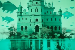 A grayish teal underwater castle with fish painted by Andy Warhol