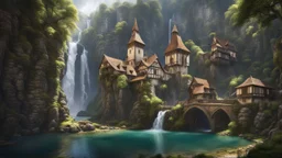 a medieval town at the foot of a waterfall at the end of a steep, narrow, tall ravine. a masterpiece, fantasy concept art, dynamic lighting, hyperdetailed, intricately detailed, deep color, Unreal Engine, volumetric lighting, Epic cinematic brilliant stunning intricate meticulously detailed dramatic atmospheric maximalist digital matte painting