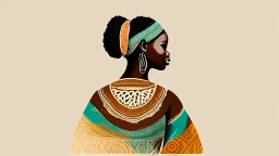 Logo, design, African woman, oil painting, graphic, drawing, without facial features, white background, traditional clothing, cartoon, face without eyes, without nose, without mouth, without facial details, ,patterns in the background, looking back