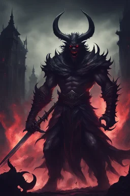 dark dreadful swordsman humanoid demon monster beast, hell in background