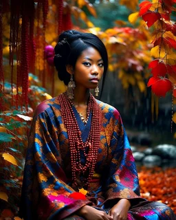 Vibrant autumn foliage in a rain-kissed setting, Ikebana arrangement, Haiku poetry inspiration, Japanese garden elements, autumn asters, Utagawa Hiroshige essence, Isaac Levitan influence, woman with dark skin, tribal markings, mysterious expression, piercing eyes, flowing black hair, colorful beads, layered textiles, bright hues, ornate jewelry, cultural richness, dark, blurred backdrop, GoBi, Наталья И-ва.Mystical character with pale blue scaly skin, icy green eyes, dark eyeliner, cascading da