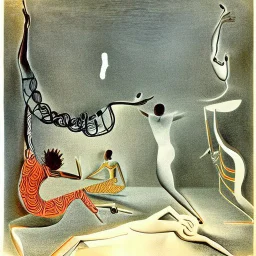 drawn in single line by Nicolai Blatter with hatch with parallel wavy lines metal engraving with african man dance procession in salvador dali style or picasso style