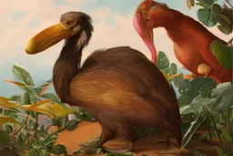 John James Audubon-like illustration of a fully uncropped Dodo bird and a Platypus in a chinoiserie landscape of warm yellows, warm reds, and warm blues