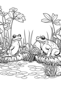 Outline art, no shading, frogs full body in the garden, cartoon style, black and white, low detail, --ar 9:11