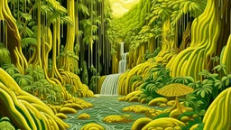 A yellow rainforest with a grotto and a waterfall painted by MC Escher