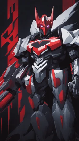 A close picture to Mix between transformers and batman in solo leveling shadow art style with red details detailsis in fantasy world