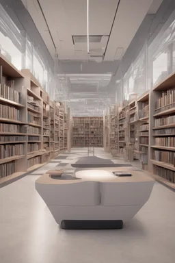 A modern library. Robotic book delivery, everything is automated. Cutting-edge library interior design. Everything is drawn in detail, in high resolution. 8k