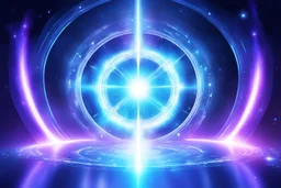 a magic futuristic light portal in the middle of a bright galaxy. it has a verical shining ray. the background is made of light cold colours