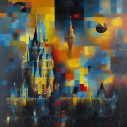 abstract castle in impasto paint on black canvas with gold painted in the style of malevich and mondrian