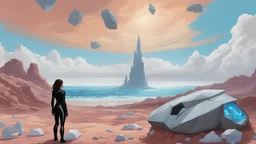 A woman in a catsuit standing on a beach of a rocky coloured crystal-covered landscape with a crashed spaceship in the distance, bright bue sky, white storm clouds