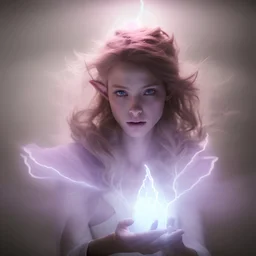 photoreal goddess as powerful elf lightning wizard in thick purple orange fog by lee jeffries, octane render, 8k, high detail