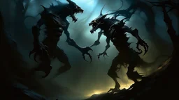 Óleo tenebrista de un encuentro fortuito entre dos depredadores abisales, sus siluetas apenas definidas por la breve interferencia de sus luces orgánicas, atmósfera de tensión suspendida.