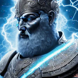 symetrical, centered, ultra detailed, digital art, in center is a portrait of highly detailed greek colossus god surrounded by quantum galaxy codes seeking knowledge, detailed face, dominating colors = gray light blue, lightning, smoke, destruction