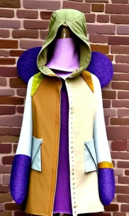 Camouflage colors are terracotta, cream and purple, lilac and Cream latex! European cool, young blonde woman. Mantle is sewed of recycled Denim and sewed together of recycled polymer felt. Yellow(Munsell). hint of orange as effect color!!Big bright purple/khaki felt tippet and cream or blue or lilac colored-hood. mantle is merged with satchel. . AKG-style headphones (gold rings!) is merged with small felt cap with small visor. Style: Haute Couture in 1998