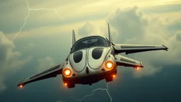 a high definition screen shot of a jet-fighter vw-beetle, retrofuturistic, phototrealism, in flight, one subject, thunderstormncc 1701 enterprise Macabre Rapture End of days Revelation scene,