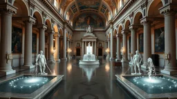 symmetrical view inside a palace in ancient Rome showing rooms, halls, courtyards, sparkling fountains, perfect symmetry, luxury, magnificent, marble statues, coloured pictorial tapestries, paintings, dream world, calm beauty, symmetry, fantasy world, magic, splendor, uplifting, inspiring, therapeutic, chiaroscuro, color, award-winning colour photograph, beautiful composition, exquisite detail, Nikon 135mm