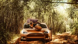 A Tesla's 'Model S Plaid' is racing at top speed, across a jungle of the Jurassic Period. CINEMATIC. WIDE ANGLE LENS. PHOTO REAL.