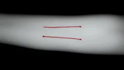 monochrome photo of a pale woman arm on which three parallel thin red line are visible, in the seven-dimensional space depth, shadows, darkness, close up arm, sad, surreal dark vibe, dark colors, splash art, cinematic, depressive vibe