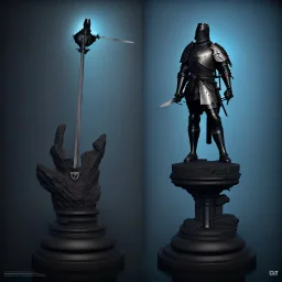 large black stone statue of a knight in a dark dungeon, holding a sword that's pointing up and glowing blue