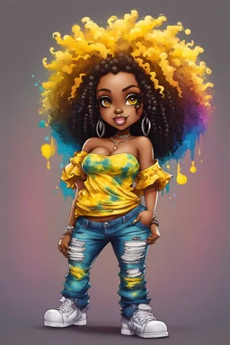 create a colorful abstract graffiti art image 8k of a chibi curvy black female wearing torn jeans pants and a yellow tie dye off the shoulder blouse. Prominent make up with hazel eyes. Highly detailed long tight curly afro in a hair wrap.