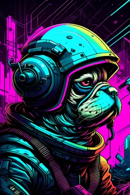 pug with rilfe M4 with helmet with neon background color with text Szczepan with cyberpunk style
