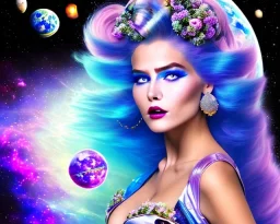 jolie femme galactique cosmonaute riante avec longs cheveux violets dans un paysage cosmique avec ufos - joli visage souriant et beau corps bien formé , beaux yeux bleus - grandes ailes bleu ciel , ciel bleu fleurs blanches et roses. robe en soie, jolies dents, jolis yeux, picture precise and hight quality,ambiance rose pÂle, combinaison de cosmonaute, le sourire est important. voir rire