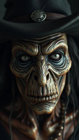Busch painting style nightmare, a zoomed front view of a witch by his face skin is a rusted broken metallic skin texture in a 3d rendering full-height image of a grim and dark scene. Ensure the final images exhibit the utmost quality, encompassing 4K, 8K, and 64K resolutions, with 3D rendering that manifests in photorealistic, hyperrealistic, and highly detailed representations. Employ techniques such as HDR, UHD,