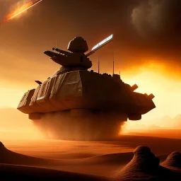 volumetric dramatic desert Battle scene with futuristic hovering military armored Hovercraft painted by chris foss, floating, 4k, 8k, Minutiae, highly detailed, rivets, flag, hovering, stripes, sunset [duststorm, nimbus clouds]