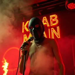 a very thin swedish man, with a skimask with only a hole for the mouth (no eyes), he is called "KEBAB MAN" performing at death metal club, his name is "KEBAB MAN" kebab rolls On stage, kebab Neon lights and smog, and "KEBAB MAN" big sign on the wall, spinning kebab machines, flames and smoke, chaos, he singing with mic,
