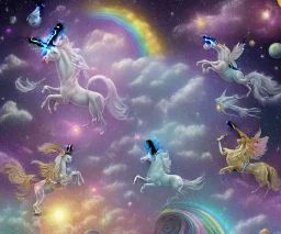 mondo fairy (fiori, violetti, bianchi, blu e gialli) un unicorno, cavalli alati cielo stellato, astronavi, arcobaleno cosmico