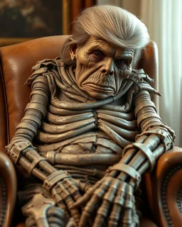 a chubby really old decrepit realistic male mummy, looks similar to donald trump, leaned over in a brown chair