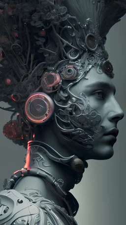 Complex 3d render ultra detailed portrait of a handsome MALE porcelain profile face, biomechanical cyborg, analog, 150 mm lens, beautiful natural soft rim light, big leaves and stems, roots, fine foliage lace, colorful details, massai warrior, alexander mcqueen high fashion haute couture, art nouveau fashion embroidered, steampunk, intricate details, mesh wire, mandelbrot fractal, anatomical, facial muscles, cable wires, elegant, hyper realistic, ultra detailed, octane render
