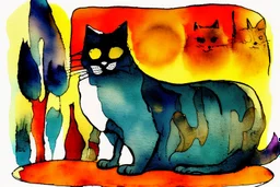 fat cat, lot of cat food in boxes and on plates, styles of Paul Klee Dee Nickerson and Tim Burton, melting watercolor and black ink outlines on wet paper, soft, shading strokes, in sunshine, ethereal, otherwordly, cinematic postprocessing, bokeh, dof