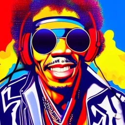 a realistic portrait of Jimi Hendrix at a turntable with headphones on being a DJ, vivid color, with sunglasses