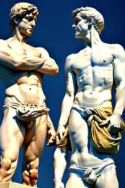 in a modern art display, two famous statues are next to each other, one is David and the other is the Discobulus statue. The discobulus hand covers the private part of David, they both look disgusted at each other