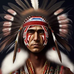 Guaicaipuro, native american face, Muscular warrior, three red feathers headband, holding spear