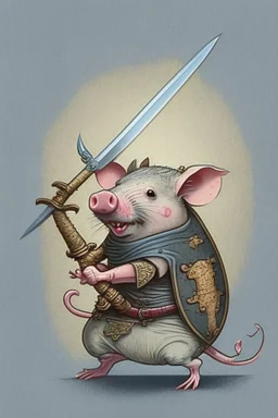 Design of a mouse holding a sword riding on a pig